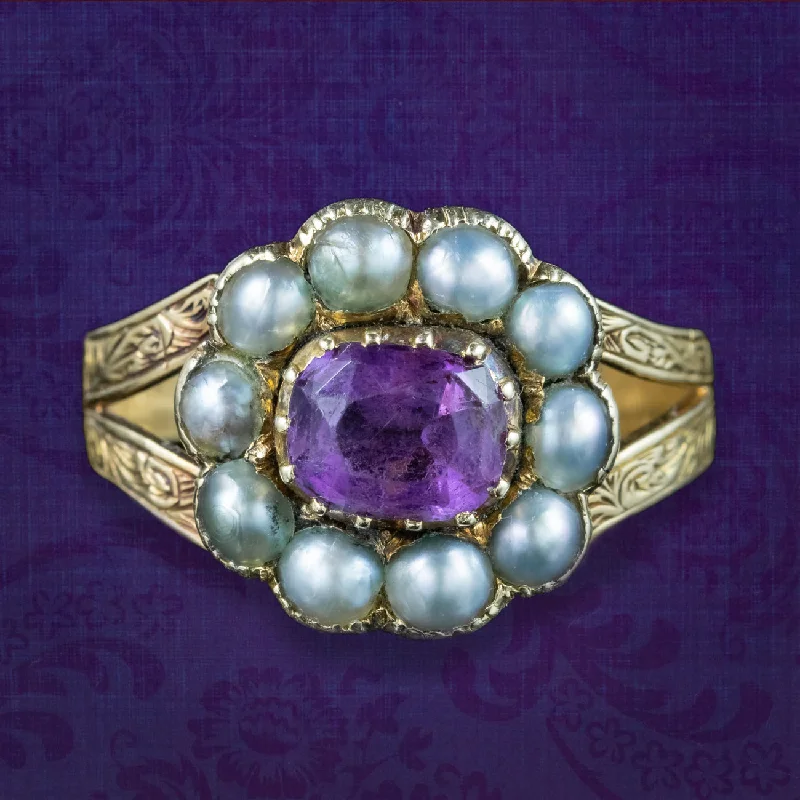 Rose Gold Wedding Ring Set-Antique Victorian Amethyst Pearl Cluster Ring