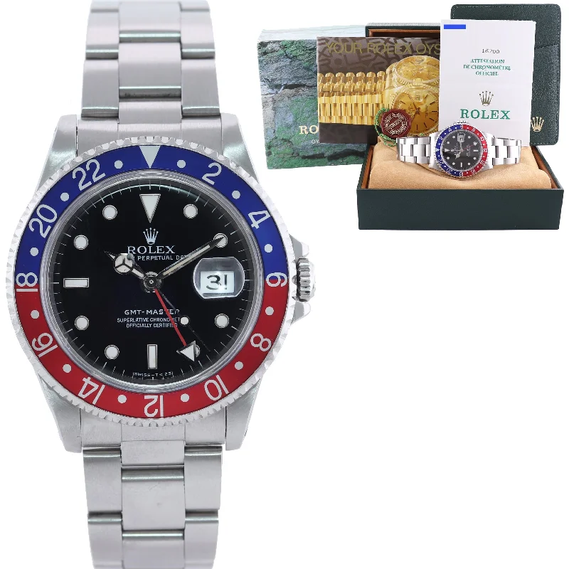 Leather Band Watches for Timeless Style-MINT 1997 PAPERS Rolex GMT-Master Pepsi Blue Red Steel 16700 Watch Oyster Box