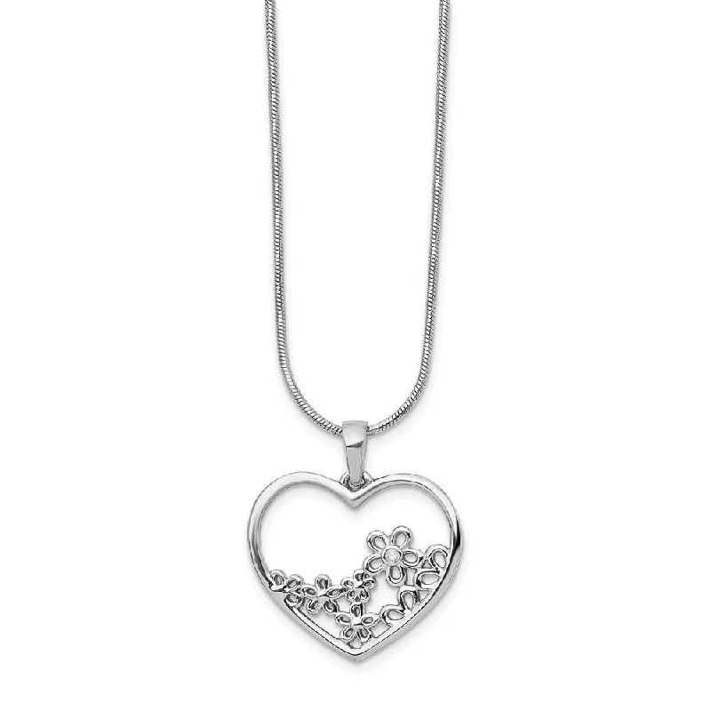 Gold and Silver Necklace for Casual Looks-Heart & Flower Diamond Necklace in Rhodium Plated Silver, 18-20 Inch