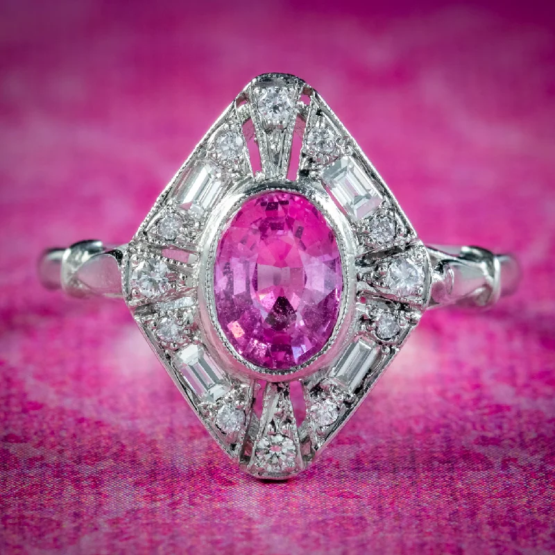 Multi-Gemstone Engagement Ring-Art Deco Style Pink Sapphire Diamond Cluster Ring 1.20ct Sapphire