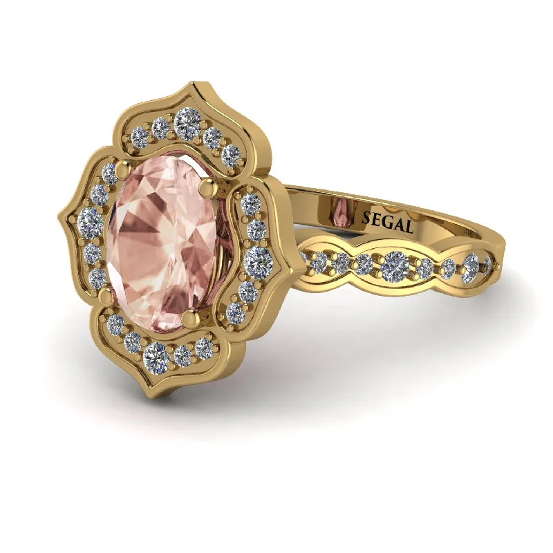 Sterling Silver Ring for Special Occasions-Decorated Halo Oval Morganite Engagement Ring - Faith No. 901