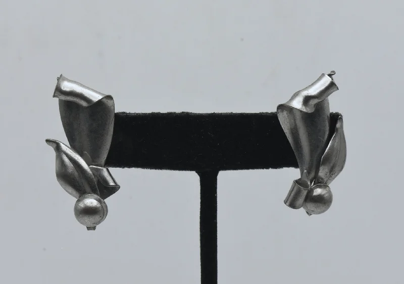 Diamond Drop Earrings-Vintage Silver Tone Organic Design Screw Back Earrings