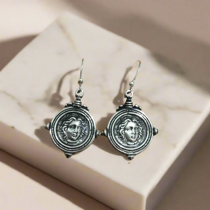 Custom Earrings for Personalized Style-Helios ancient sun god and rose earrings, Ancient Coinage of Rhodes, Sterling silver earrings, handmade earrings (AG-07)