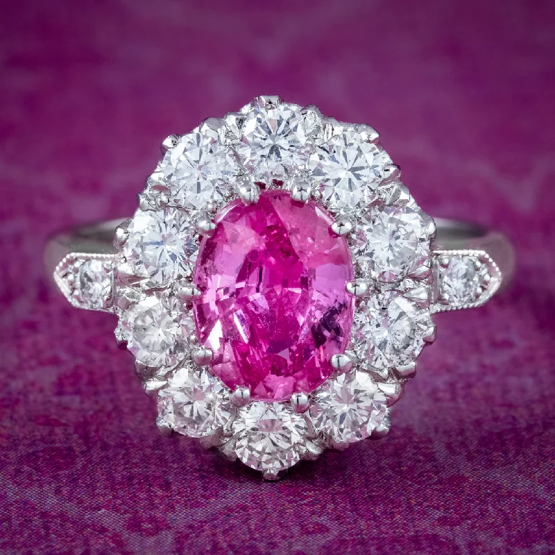 Stackable Rings for Women-Edwardian Style Pink Sapphire Diamond Cluster Ring 1.75ct Sapphire