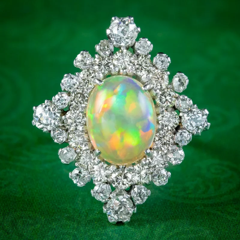 Gold Wedding Band with Diamonds-Antique Art Deco Opal Diamond Cluster Ring 3.5ct Opal