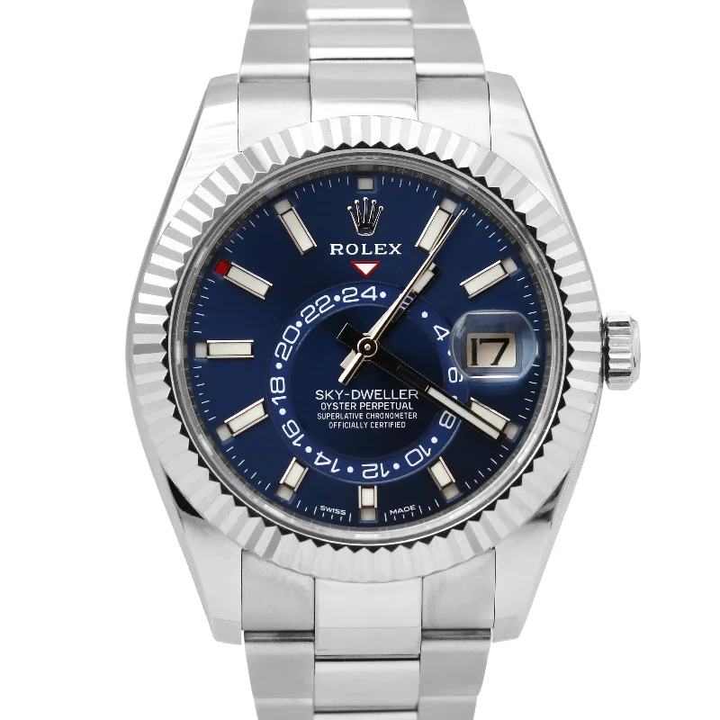 Diamond Watches for Elegant Look-PAPERS Rolex Sky-Dweller 18K White Gold Steel BLUE 42mm Oyster Watch 326934 B+P