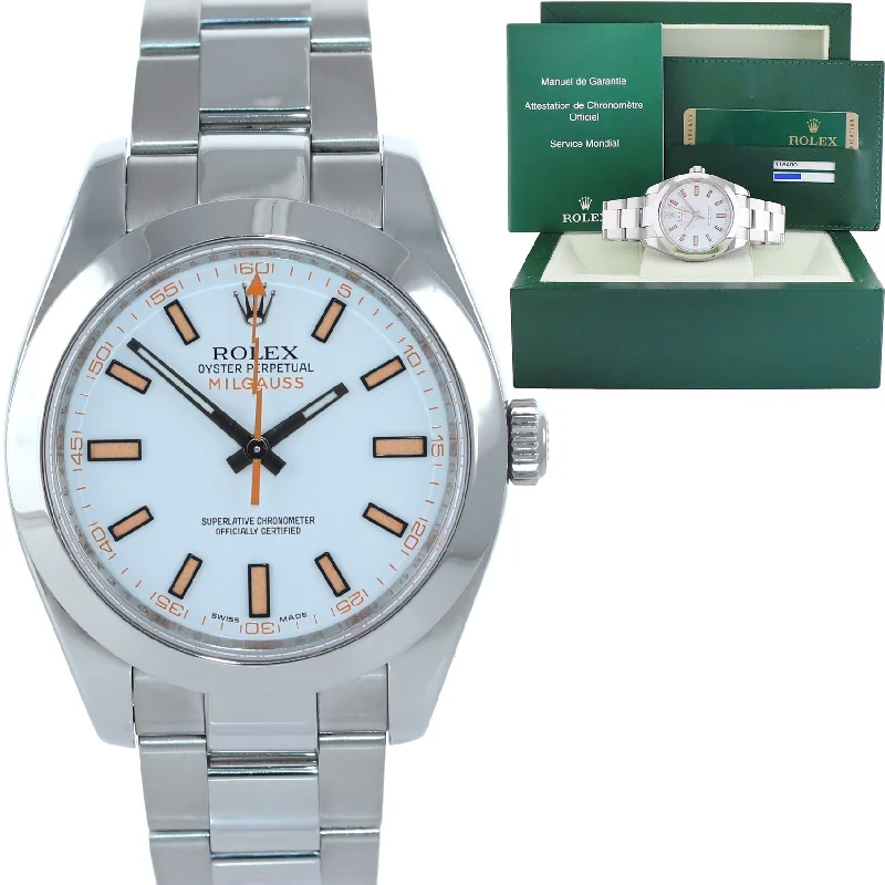 Women's Watches with Leather Straps and Crystal Detail-MINT PAPERS Rolex Milgauss 116400 Orange White 40mm Steel Anti-Magnetic Watch