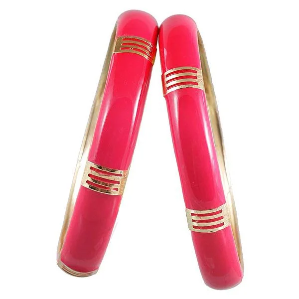 Simple Silver Bangles for Evening Wear-Kriaa Pink Enamel Gold Plated Set of 2 Bangles