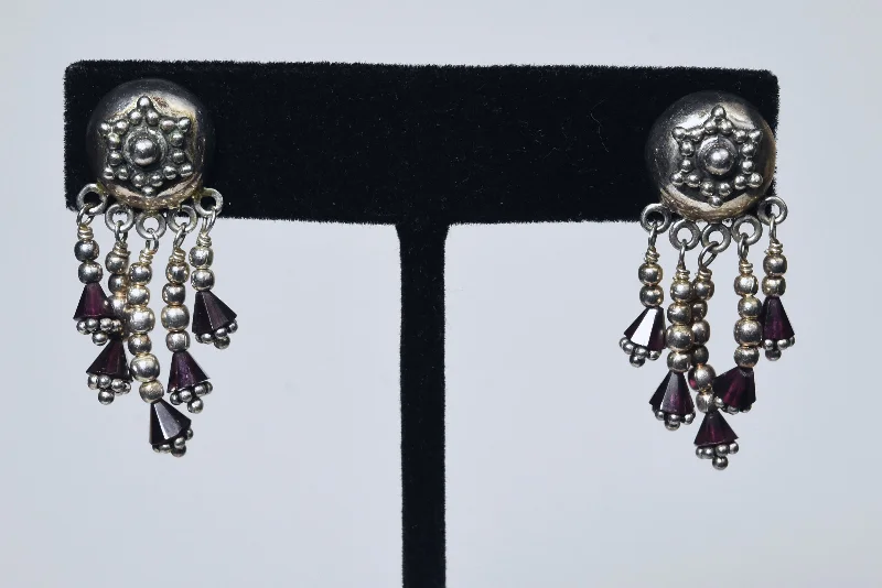 Golden Earrings for Night Events-Vintage Sterling Silver Red Garnet Dangle Indian Stud Earrings