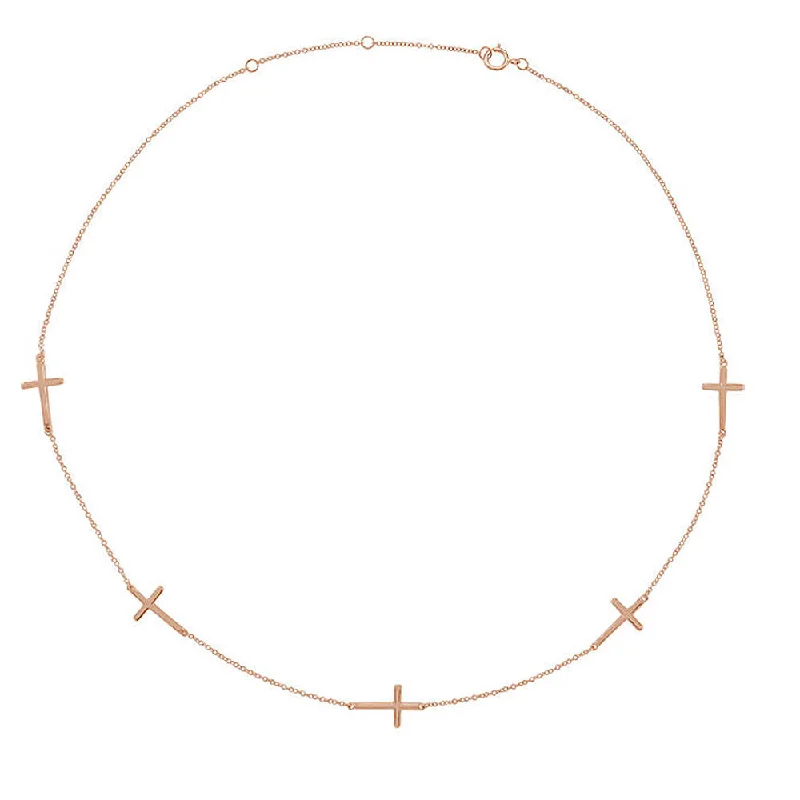 Pearl and Crystal Necklace for Weddings-14k Yellow, White or Rose Gold 5 Station Sideways Cross Necklace