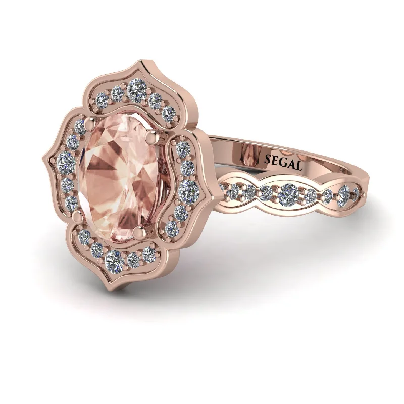 Vintage Ring with Sapphire-Decorated Halo Oval Morganite Engagement Ring - Faith No. 902