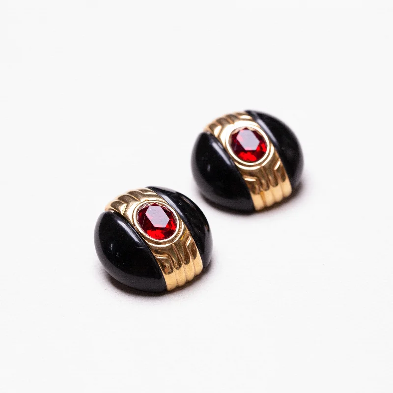 Multi-color Earrings for Fashionistas-Vintage Givenchy Black Enamel and Red Stone Earrings