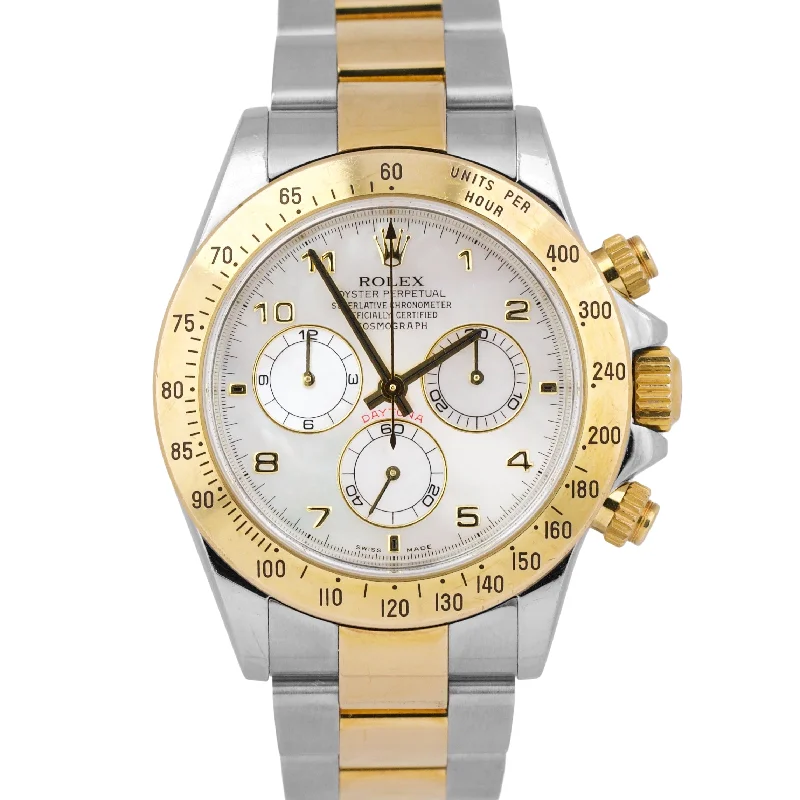 Personalized Watches with Custom Engraving-UNPOLISHED Rolex Daytona Cosmograph 40mm MOTHER OF PEARL 18K Gold Steel 116523