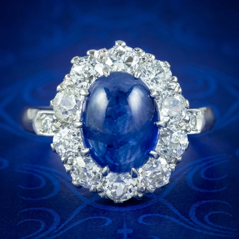 Classic Titanium Ring for Wedding-Victorian Style Blue Sapphire Diamond Cluster Ring 4.12ct Cabochon With Cert