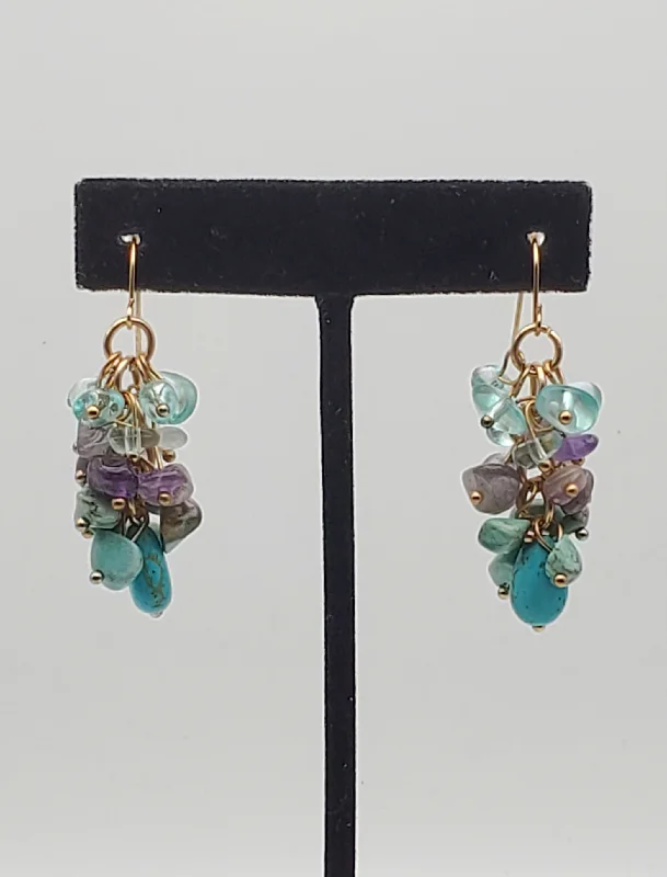 Handcrafted Drop Earrings for Unique Look-Vintage Amethyst and Turquoise Nugget Bead Gold Tone Dangle Earrings