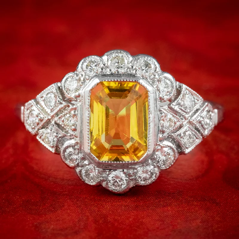 Wedding Ring with Diamond Accent-Art Deco Style Yellow Sapphire Diamond Ring 1.2ct Sapphire