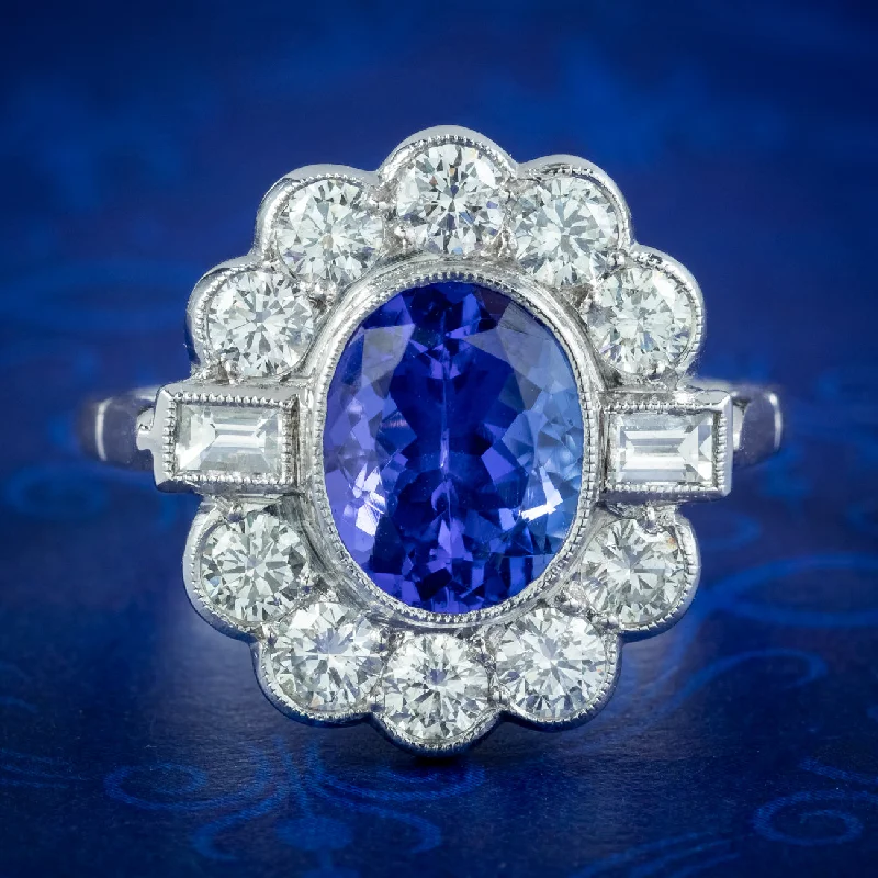 Designer Engagement Ring with Diamonds-Art Deco Style Tanzanite Diamond Cluster Ring 2.1ct Tanzanite