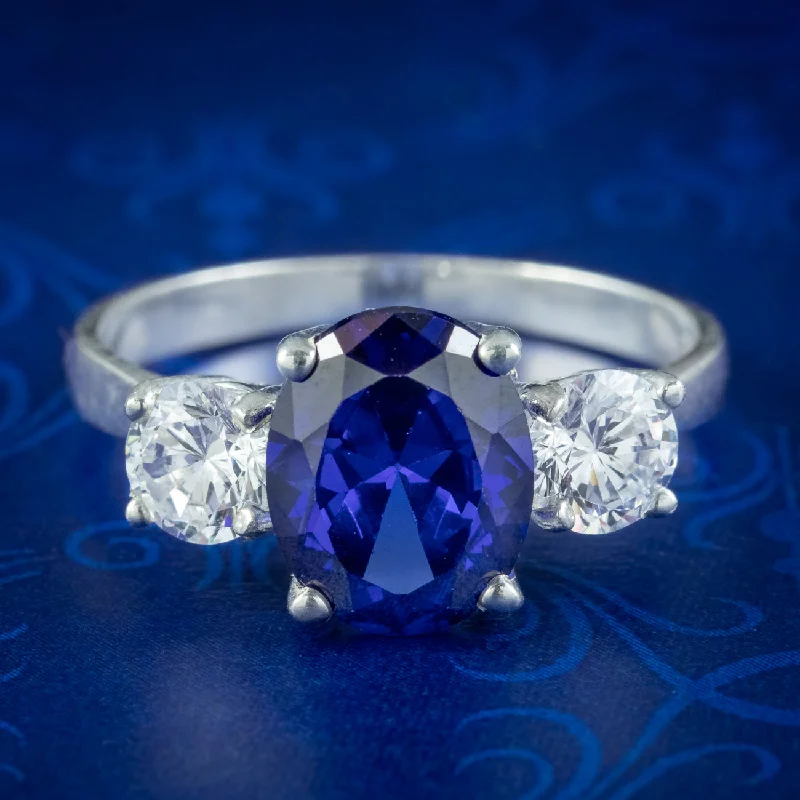 Custom Silver Ring for Special Gifts-Victorian Style CZ Tanzanite Trilogy Ring Silver