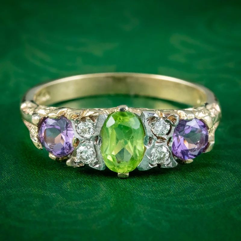 Elegant Silver Engagement Ring-Edwardian Style Suffragette Ring Amethyst Peridot Diamond