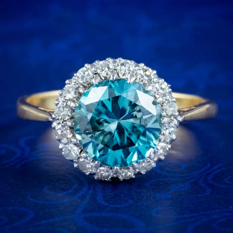 Women’s Wedding Ring with Emerald-Antique Edwardian Blue Zircon Diamond Cluster Ring 3.2ct Zircon