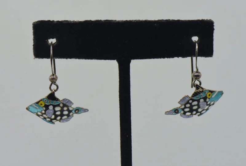 Beautiful Stud Earrings for Women-Vintage Sterling Silver Tropical Fish Enameled Dangle Earrings