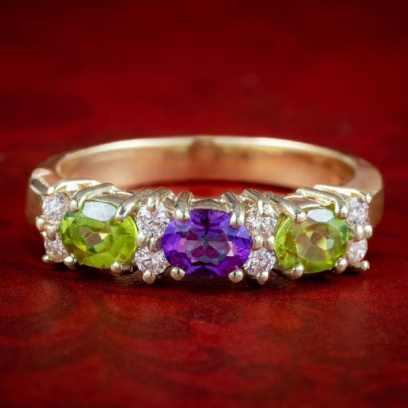 Chunky Gemstone Ring for Bold Style-Edwardian Style Suffragette Ring Peridot Amethyst Diamond