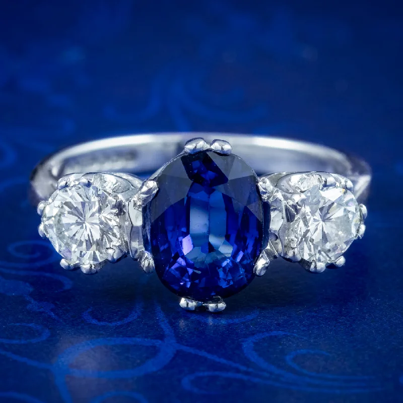 Engagement Ring with Diamonds and Sapphire-Edwardian Style Sapphire Diamond Trilogy Ring 2ct Sapphire