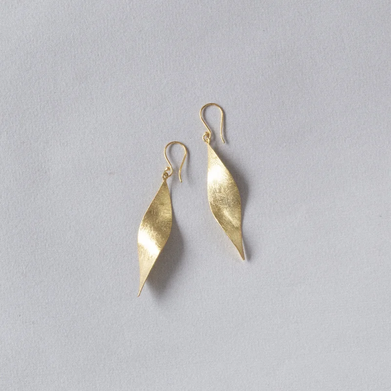 Trendy Earrings for Teens-Brushed Gold Plated Silver  Leaf Drop Earrings