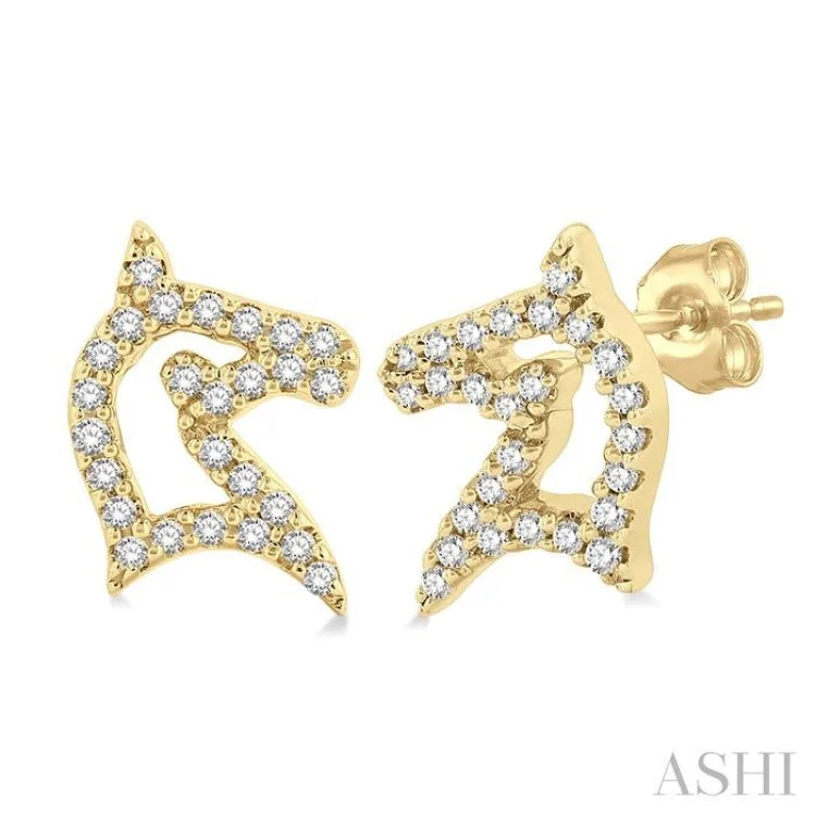 Dangle Earrings for Women-1/6 ctw Petite Horse Head Round Cut Diamond Fashion Stud Earring in 10K Yellow Gold