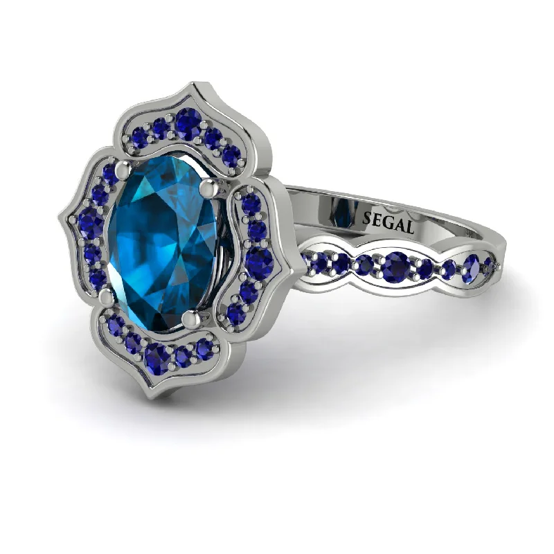 Custom Gold Wedding Ring for Women-Decorated Halo Oval Blue Topaz Engagement Ring - Faith No. 515