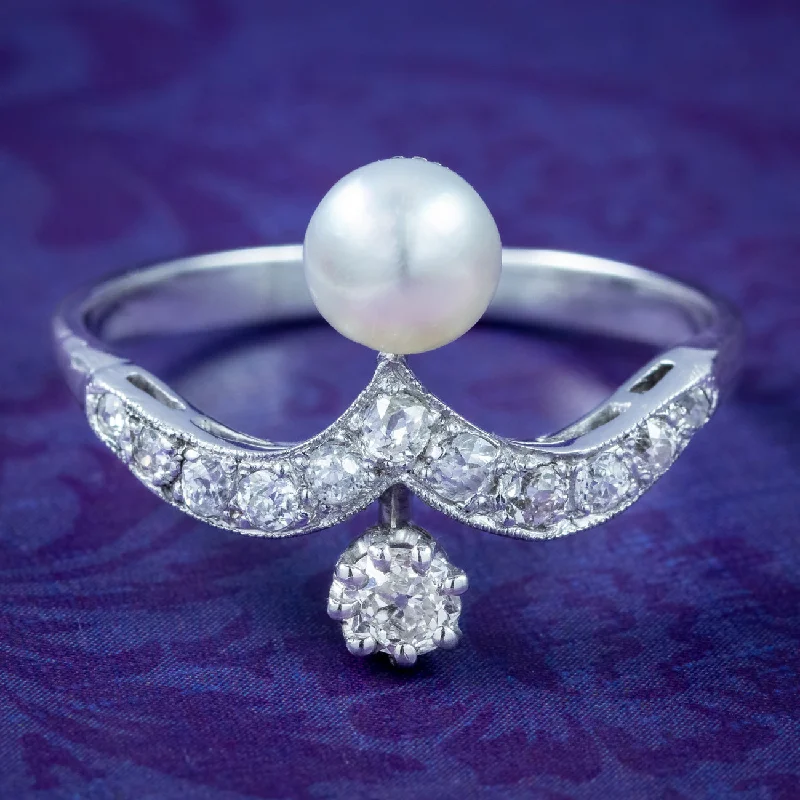 Wedding Ring with Diamond Accent-Antique Edwardian Diamond Pearl Toi Et Moi Tiara Ring 0.50ct Total