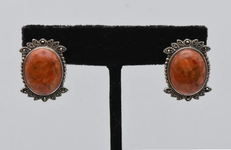 Handcrafted Gemstone Earrings-Vintage Orange Jasper Sterling Silver Earriings