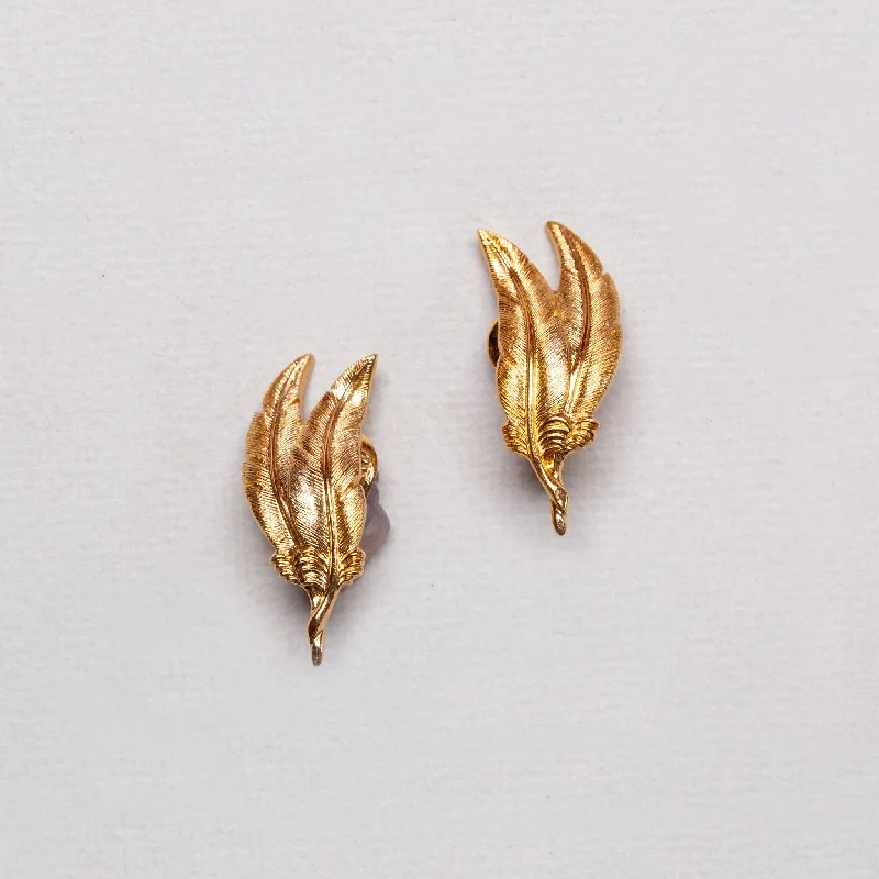 Silver Hoop Earrings-Vintage Monet Gold Feather Clip-on Earrings