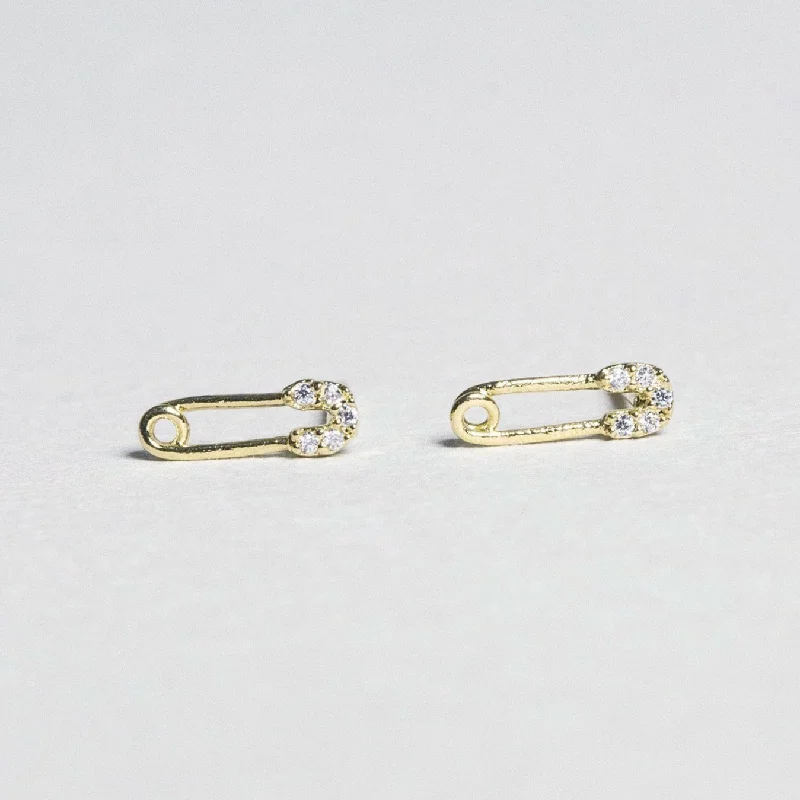 Funky Earrings for Casual Styles-Micro Safety Pin Stud Earrings with Crystals