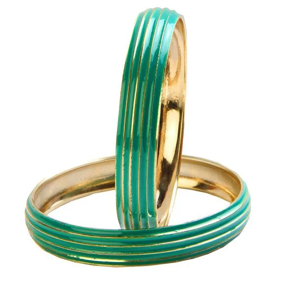 Elegant Gold Bangles with Diamond Detail-Kriaa Green Enamel Gold Plated Set of 2 Bangles