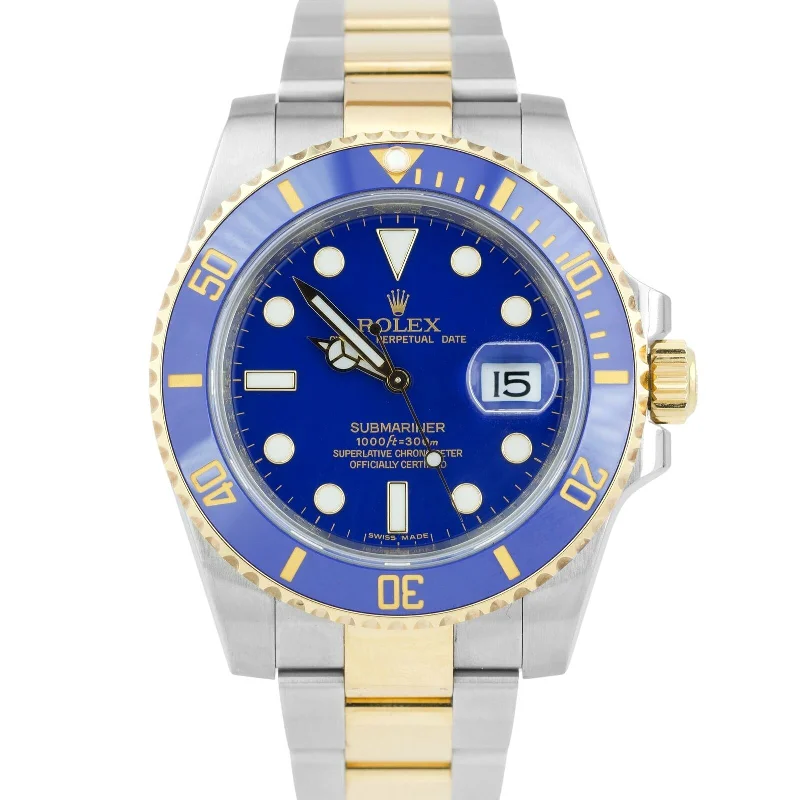 Elegant Watches with Swarovski Crystals for Luxury-MINT Rolex Submariner Date Ceramic Two-Tone 18K FLAT BLUE 40mm 116613 LB BOX