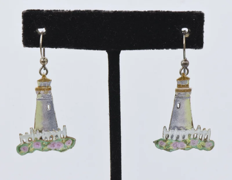 Custom Diamond Earrings-Vintage Sterling Silver Enameled Lighthouse Dangle Earrings