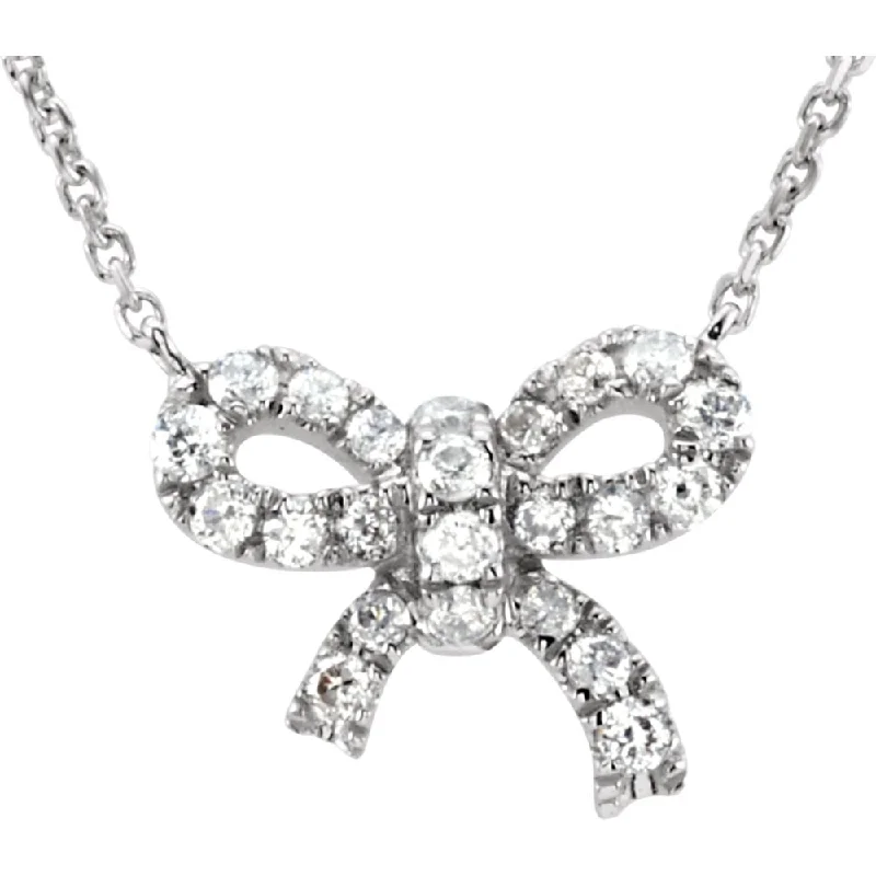 Silver Necklace for Weddings-1/6 Ctw Diamond Small Bow Necklace in 14k White Gold, 18 Inch