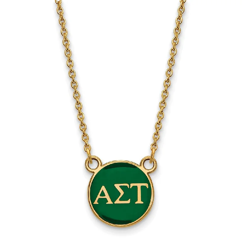 Trendy Necklace for Young Adults-14K Plated Silver Alpha Sigma Tau Small Green Enamel Disc Necklace