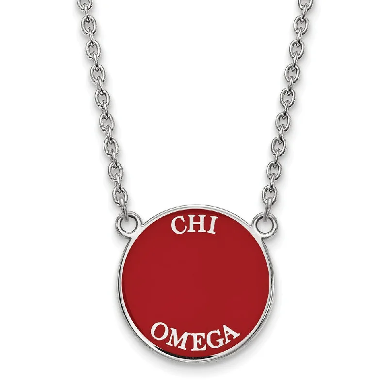 Long Pendant Necklace-Sterling Silver Chi Omega Large Enamel Disc Necklace