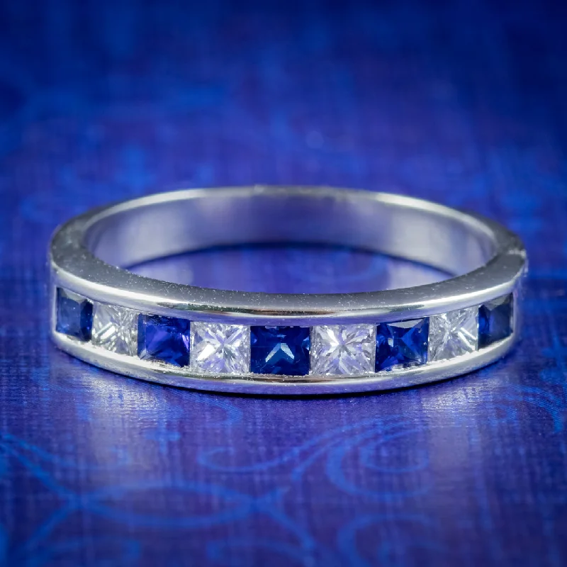 Gemstone Ring with Sapphire-Art Deco Style Sapphire Diamond Half Eternity Ring