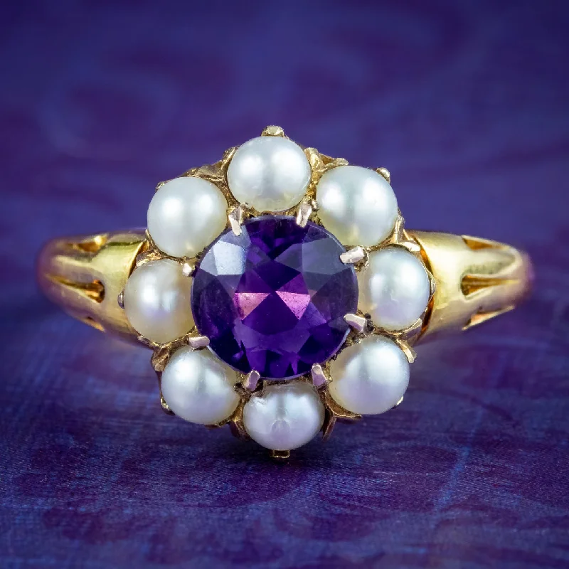 Designer Wedding Band for Men-Antique Victorian Amethyst Pearl Cluster Ring 1.2ct Amethyst