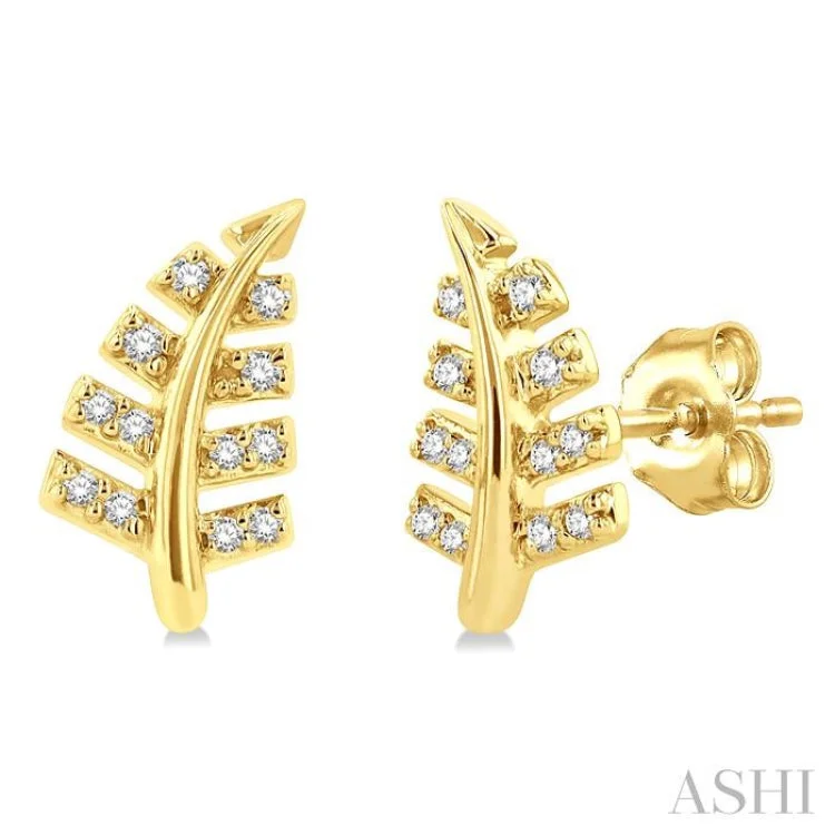 Stylish Gold Earrings for Weddings-1/10 Ctw Fern Leaf Petite Round Cut Diamond Fashion Stud Earring in 10K Yellow Gold