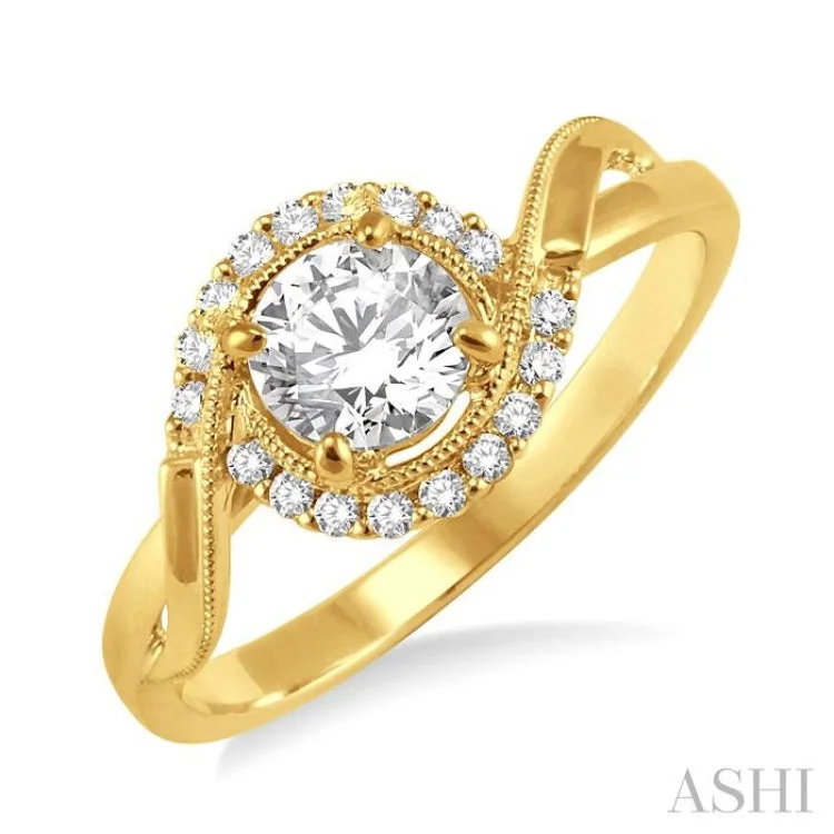 Custom Diamond Ring for Engagement-1/3 Ctw Diamond Engagement Ring with 1/5 Ct Round Cut Center Stone in 14K Yellow Gold