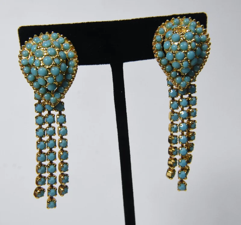 Gorgeous Earrings for Bridesmaids-Vintage Gold Tone Faux Turquoise Tassel Clip On Earrings