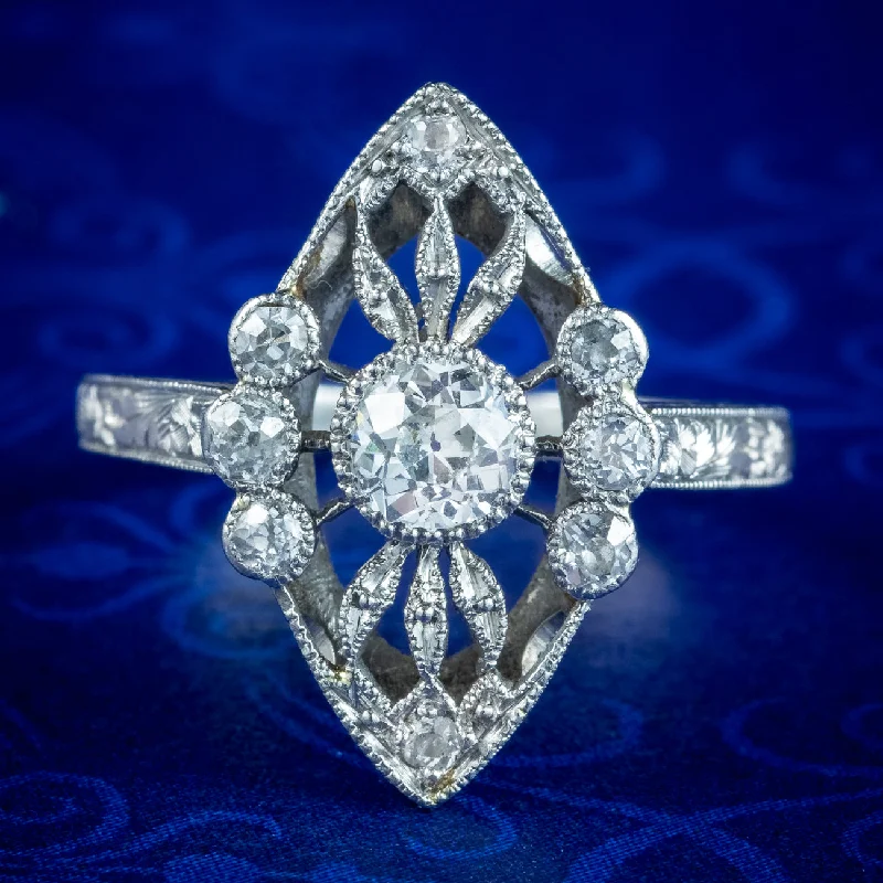 Chunky Statement Ring for Women-Antique Art Deco Diamond Navette Ring 0.65ct Total