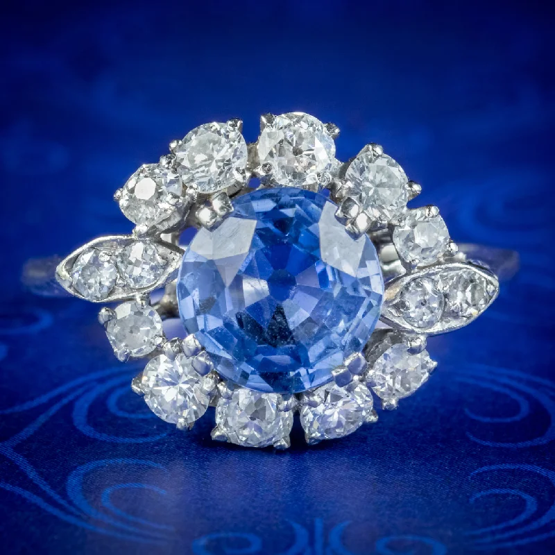 Simple Wedding Ring Set for Couples-Vintage Sapphire Diamond Cluster Ring 3.30ct Sapphire With Cert