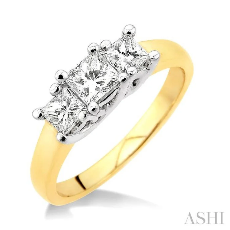 Elegant Diamond Engagement Ring-1 Ctw Three Stone Princess Cut Diamond Ring in 14K Yellow and White Gold