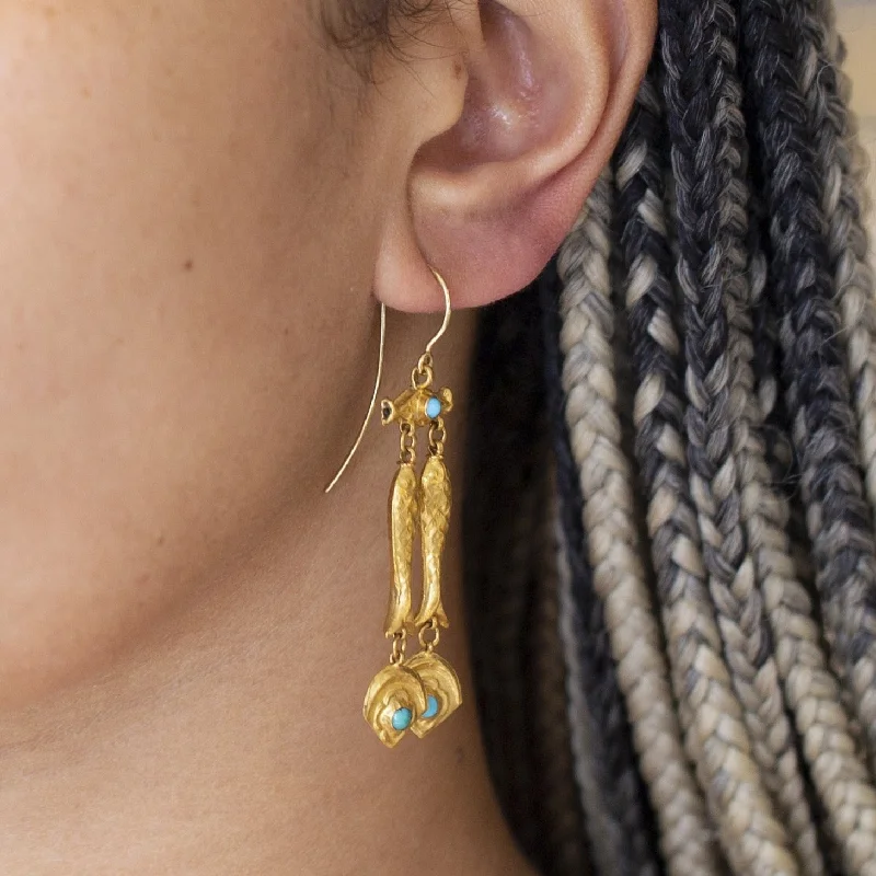 Colorful Stone Earrings-22ct Gold and Turquoise Fish Drop Earrings