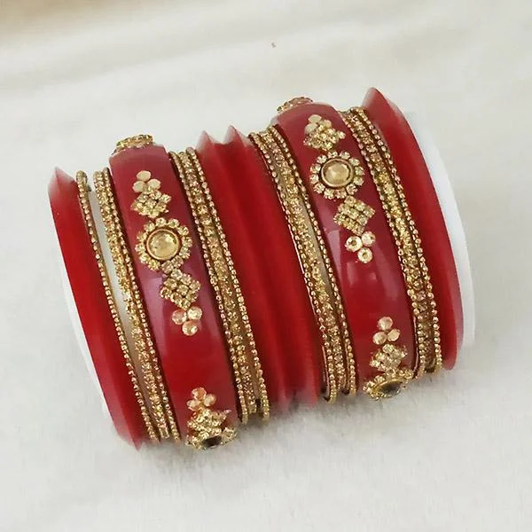 Gold Bangles with Crystal Accents-Sejal Gold Plated Maroon Austrian Stone Bangle Set - 1403744_2.4